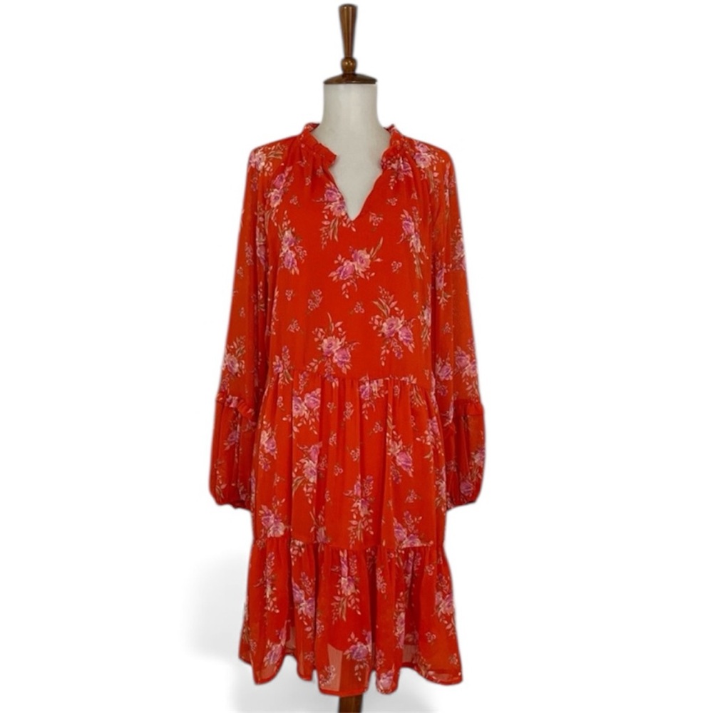 Vince Camuto Floral Dress Women’s L Orange V-Neck Long Sleeve Tiered Shift Large